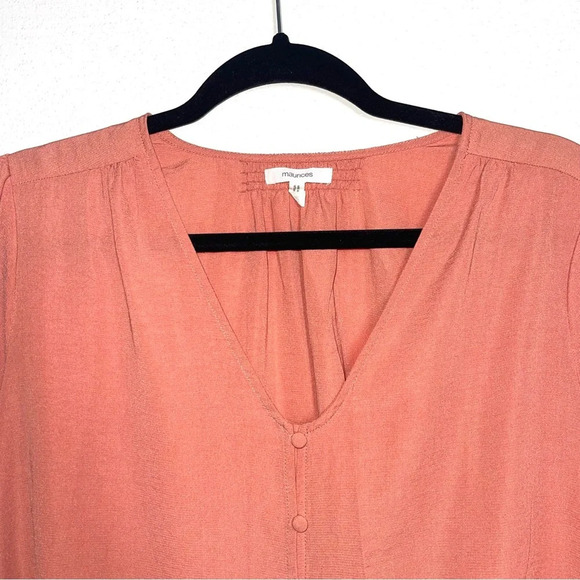 Maurices Salmon Pink V-neck Button Front Ruffle Sleeve Blouse Medium Women’s - Picture 2 of 10